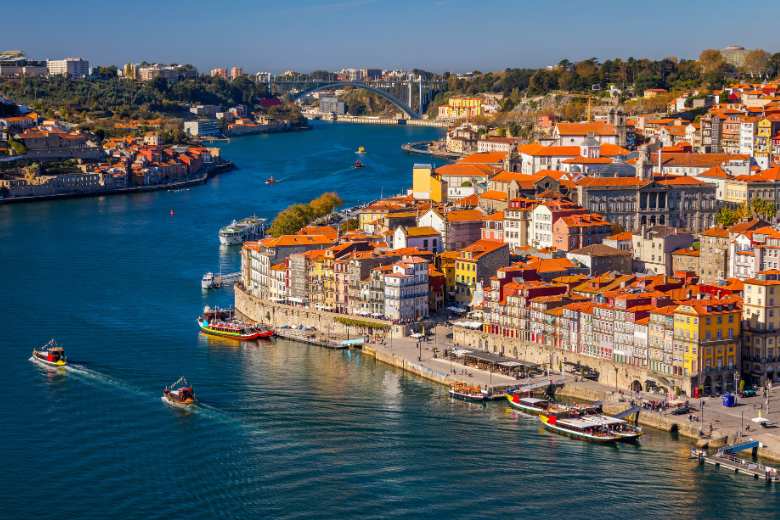 City of Porto Portugal from the sky looking down over the river.