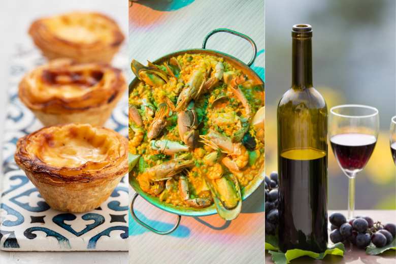 Portuguese tarts, seafood paella and Portuguese red wine.
